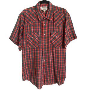 Vintage 80s Western Short Sleeve Pearl Snap Shirt Red Plaid Size 17 Made in USA